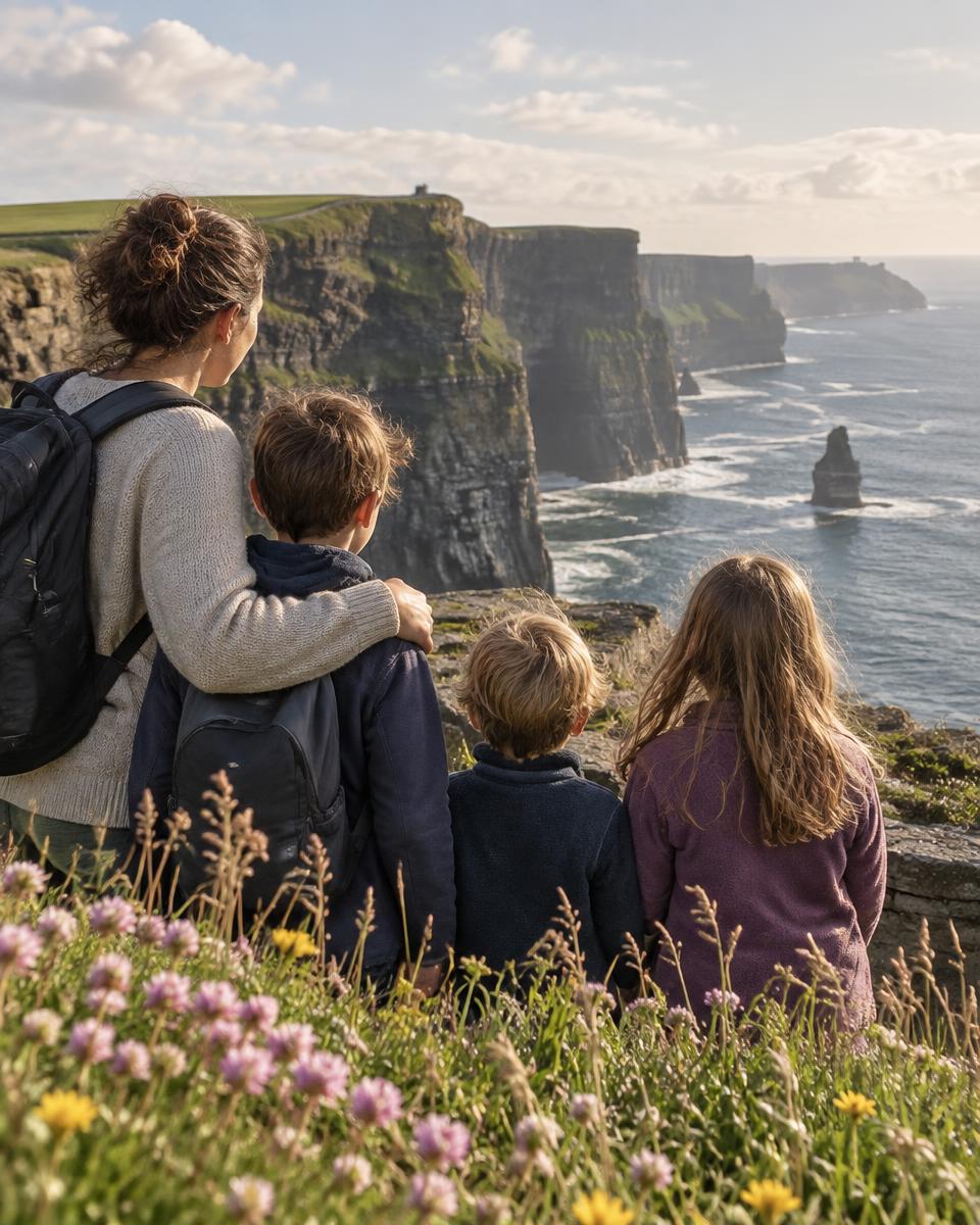 Parents and children on the clifftop path at the Cliffs of Moher in County Clare