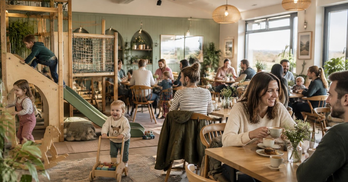 A family cafe with a children's play area and parents sitting nearby