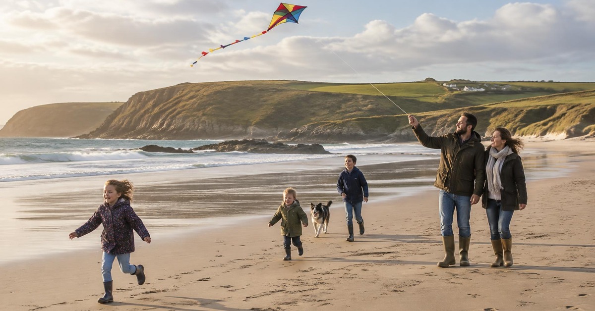 A family flying a kite on a wide sandy Irish beach